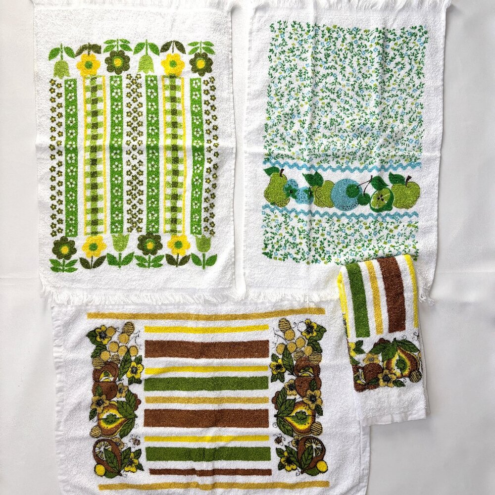 4 Vintage Kitchen Terry Dish Towels Fruits Flowers Stripes Fringe Set of 4 Retro - Picture 2 of 8